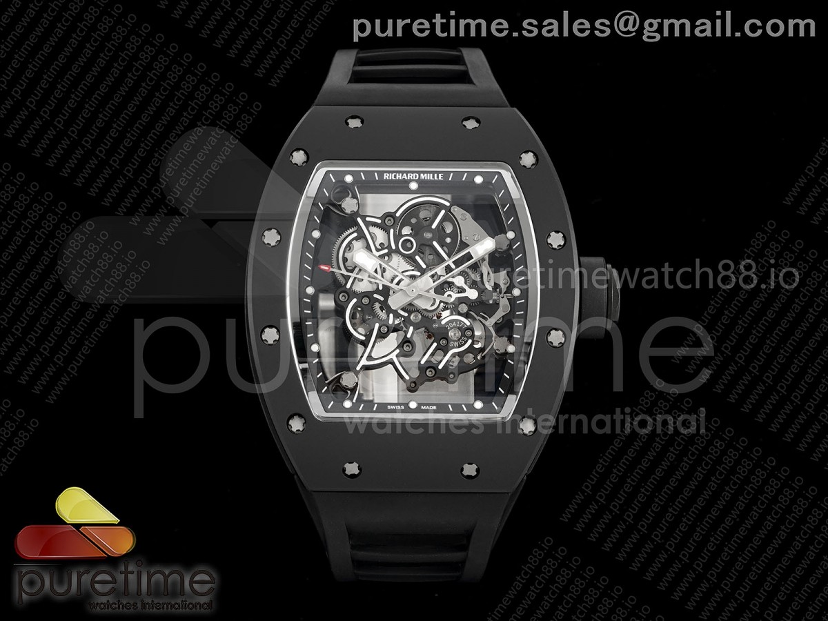 RF 리차드밀 RM055 블랙세라믹 티타늄프리스프렁 스켈레톤다이얼 블랙러버스트랩 RF RM055 Black Ceramic Black Inner Bezel Free Sprung Titanium RMUL2 Super Clone