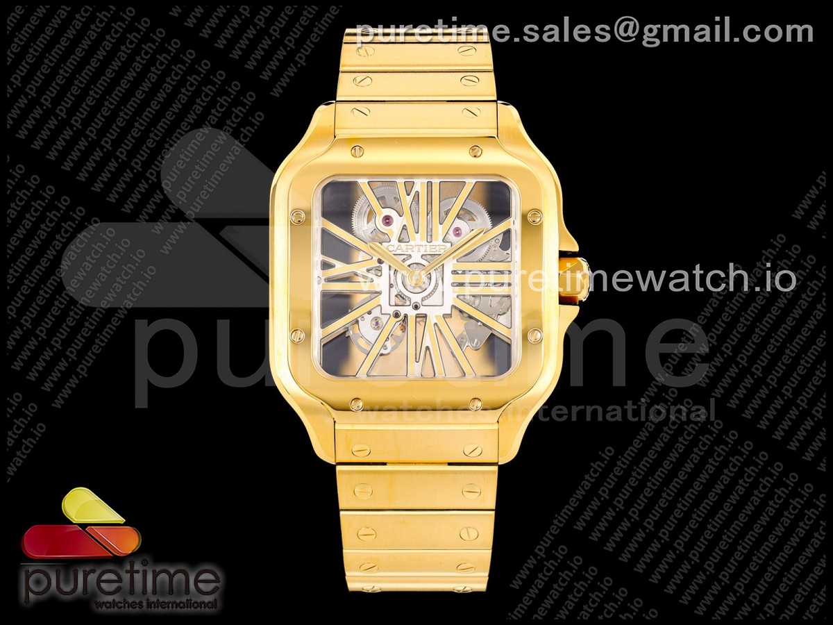 RICH 산토스 드 까르띠에 옐로우골드 40미리 스켈레톤다이얼 스틸브레이슬릿(가죽스트랩) Santos Skeleton YG RICH 1:1 Best Edition Skeleton Dial 9611MC Super Clone (2 Straps)