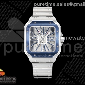 RICH 산토스 드 까르띠에 40미리 블루베젤 스켈레톤다이얼 스틸브레이슬릿(가죽스트랩)  Santos Skeleton SS RICH 1:1 Best Edition Skeleton Dial Blue Bezel 9611MC Super Clone (2 Straps)Straps)