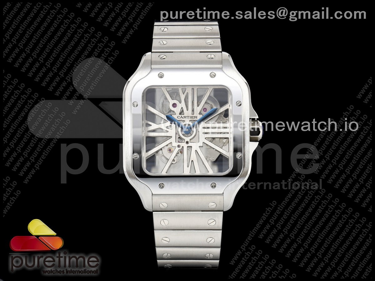 RICH 산토스 드 까르띠에 40미리 스켈레톤다이얼 스틸브레이슬릿(가죽스트랩)  Santos Skeleton SS RICH 1:1 Best Edition Skeleton Dial 9611MC Super Clone (2 Straps)