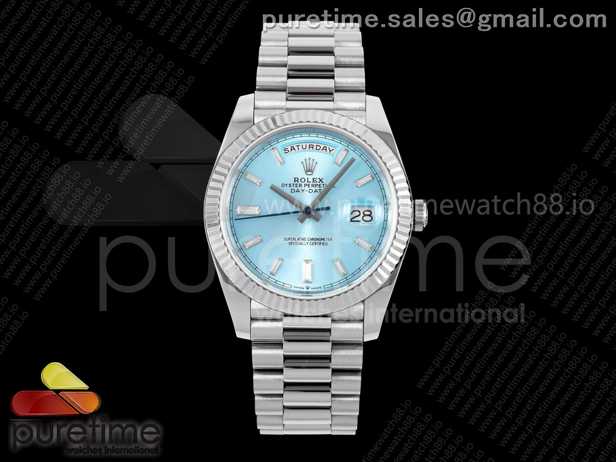 TMF 롤렉스 데이데이트40 텅스텐(Cu-W) 208g 아이스블루바게트다이얼 스틸브레이슬릿 Day Date 40 SS TMF 1:1 Best Edition Ice Blue Crystal Dial on President Bracelet VR3255