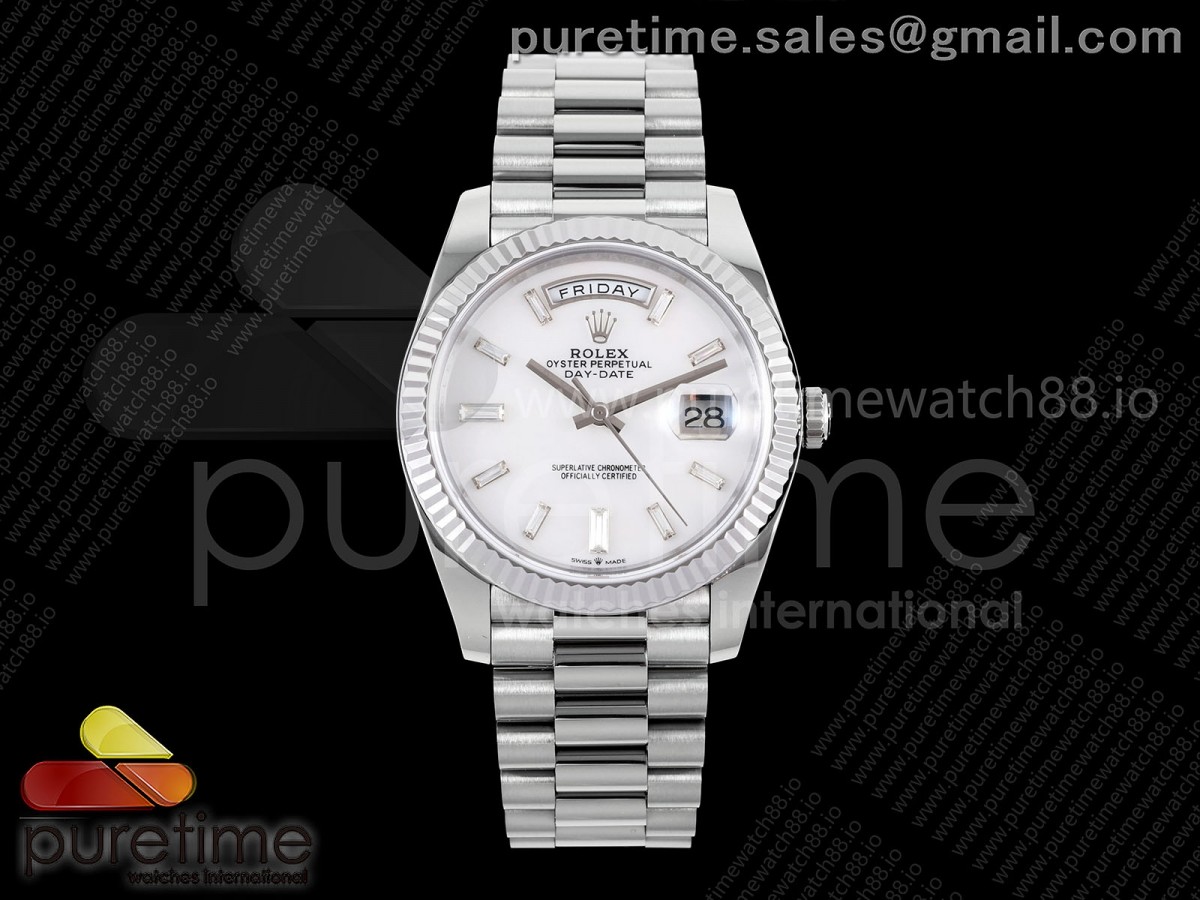 TMF 롤렉스 데이데이트40 텅스텐(Cu-W) 208g 자개바게트다이얼 스틸브레이슬릿 Day Date 40 SS TMF 1:1 Best Edition White MOP Crystal Dial on President Bracelet VR3255