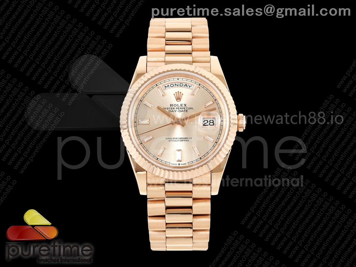 CBDF 롤렉스 데이데이트40 로즈골드 텅스텐(Cu-W) 로골바게트다이얼 스틸브레이슬릿 210g Day Date 40 RG CBDF 1:1 Best Edition RG Crystal Dial on President Bracelet VR3255 (210g)