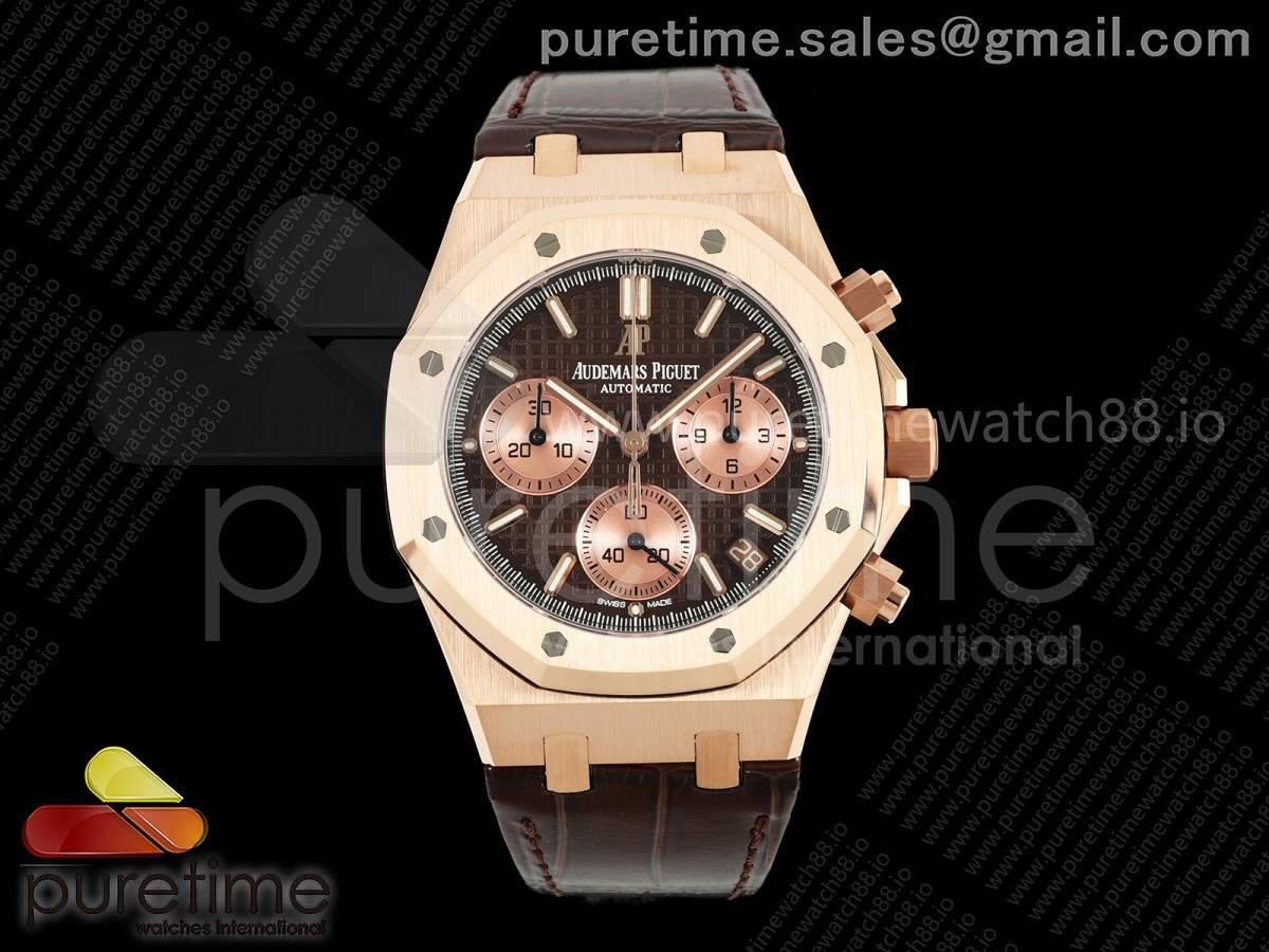 DDF 오데마피게 로얄오크 크로노 26240 로즈골드 텅스텐(Cu-W) 브라운다이얼 브라운가죽스트랩 175g Royal Oak Chrono 26240 RG DDF 1:1 Best Edition Brown Dial on Brown Leather Bracelet DD4401 Super Clone (SW Dial)