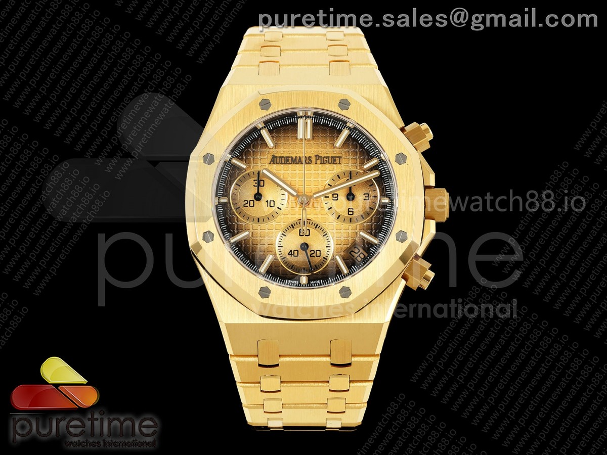 DDF 오데마피게 로얄오크 크로노 26240 옐로우골드 텅스텐(Cu-W) 골드스모크다이얼 스틸브레이슬릿 205g Royal Oak Chrono 26240 Frosted YG DDF 1:1 Best Edition YG Smoked Dial on YG Bracelet DD4401 Super Clone (SW Dial)