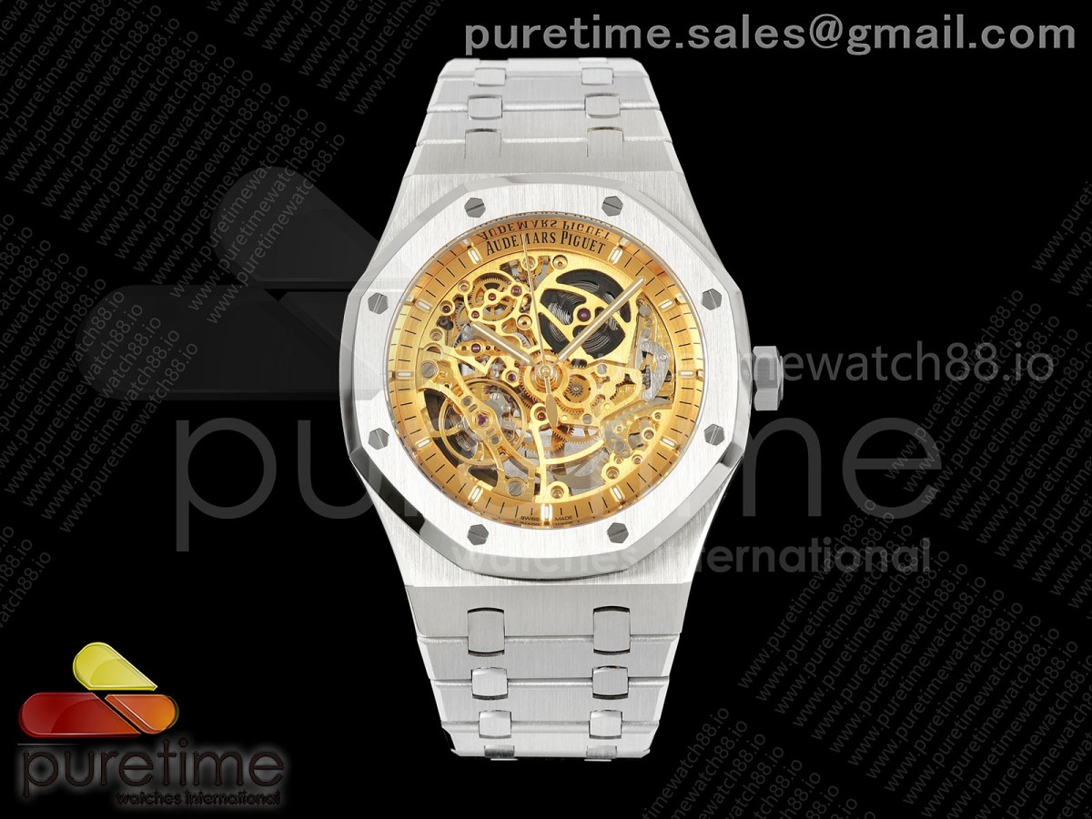 DDF 오데마피게 로얄오크 15407 골드스켈레톤다이얼 스틸브레이슬릿 더블밸런스휠 Royal Oak 41mm Openworked 15407 SS DDF 1:1 Best Edition YG Dial on SS Bracelet SA3132 Double Balance Wheels