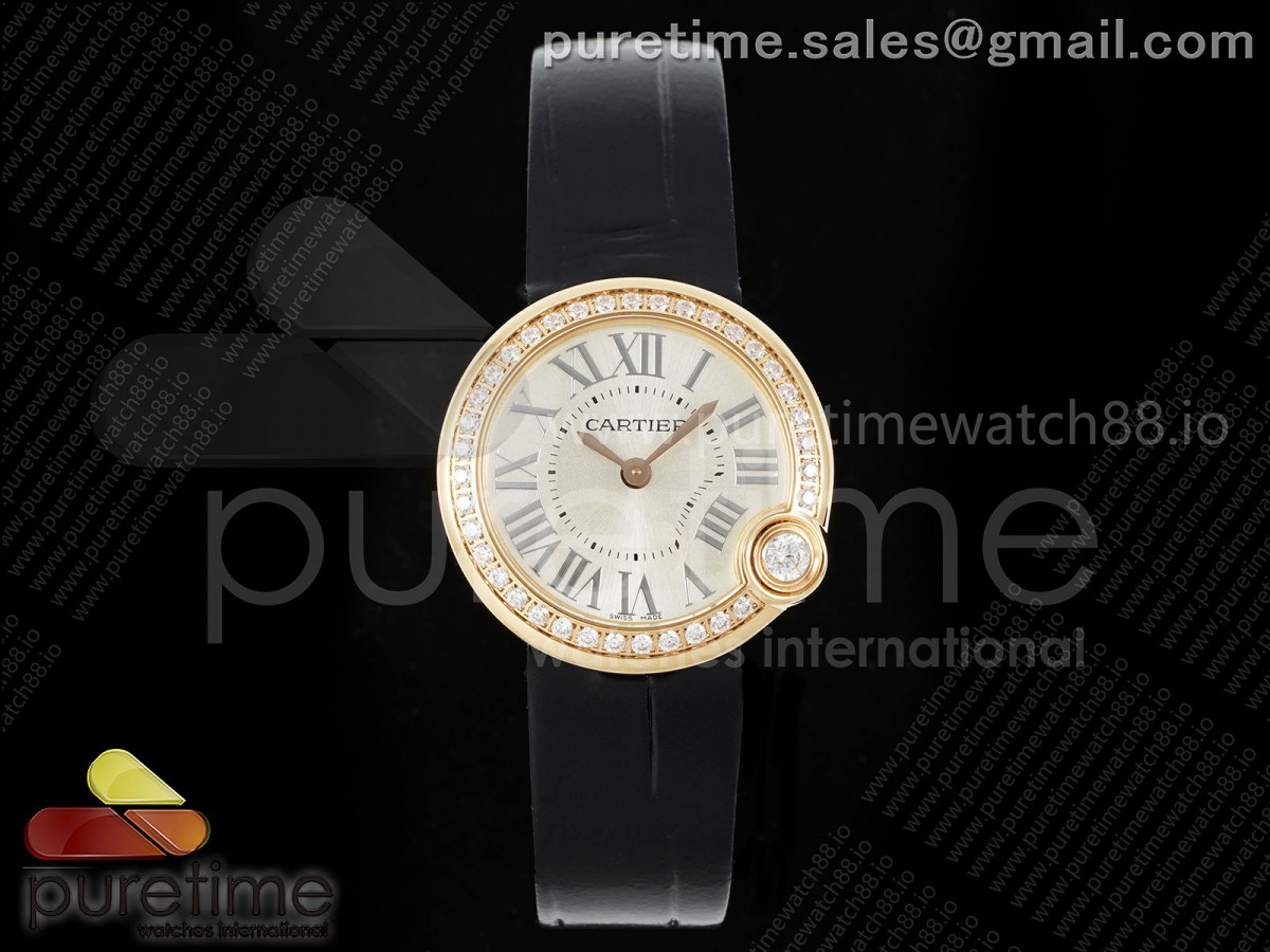 AF 까르띠에 발롱블랑 로즈골드 30미리 다이아베젤 실버다이얼 블랙가죽스트랩 Ballon Blanc 30mm AF 1:1 Best Edition Silver Dial Diamonds Bezel on Blue Fabric Strap Ronda Quartz