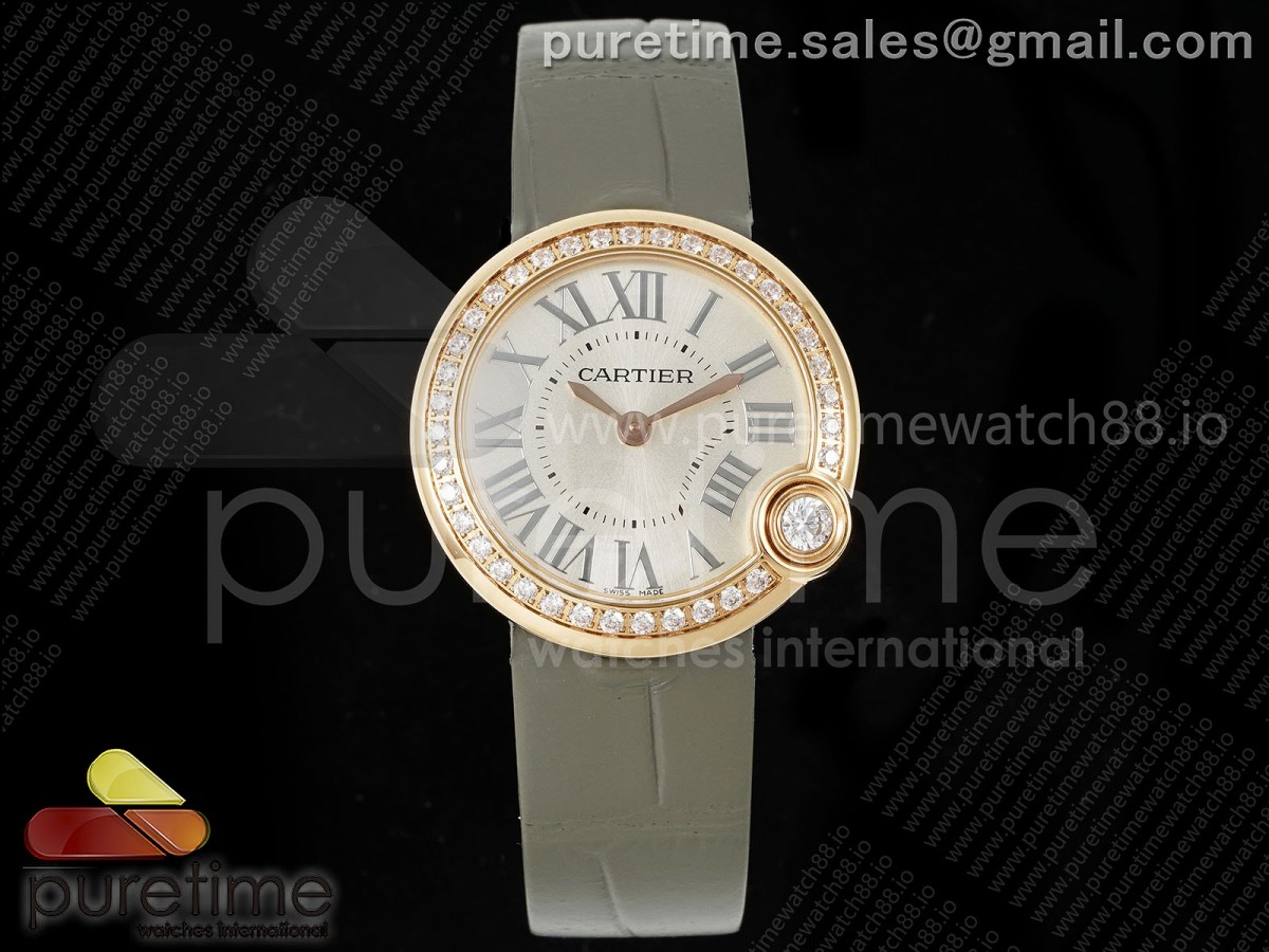 AF 까르띠에 발롱블랑 로즈골드 30미리 다이아베젤 실버다이얼 그레이가죽스트랩 Ballon Blanc 30mm RG AF 1:1 Best Edition Silver Dial Diamonds Bezel on Gray Fabric Strap Ronda Quartz