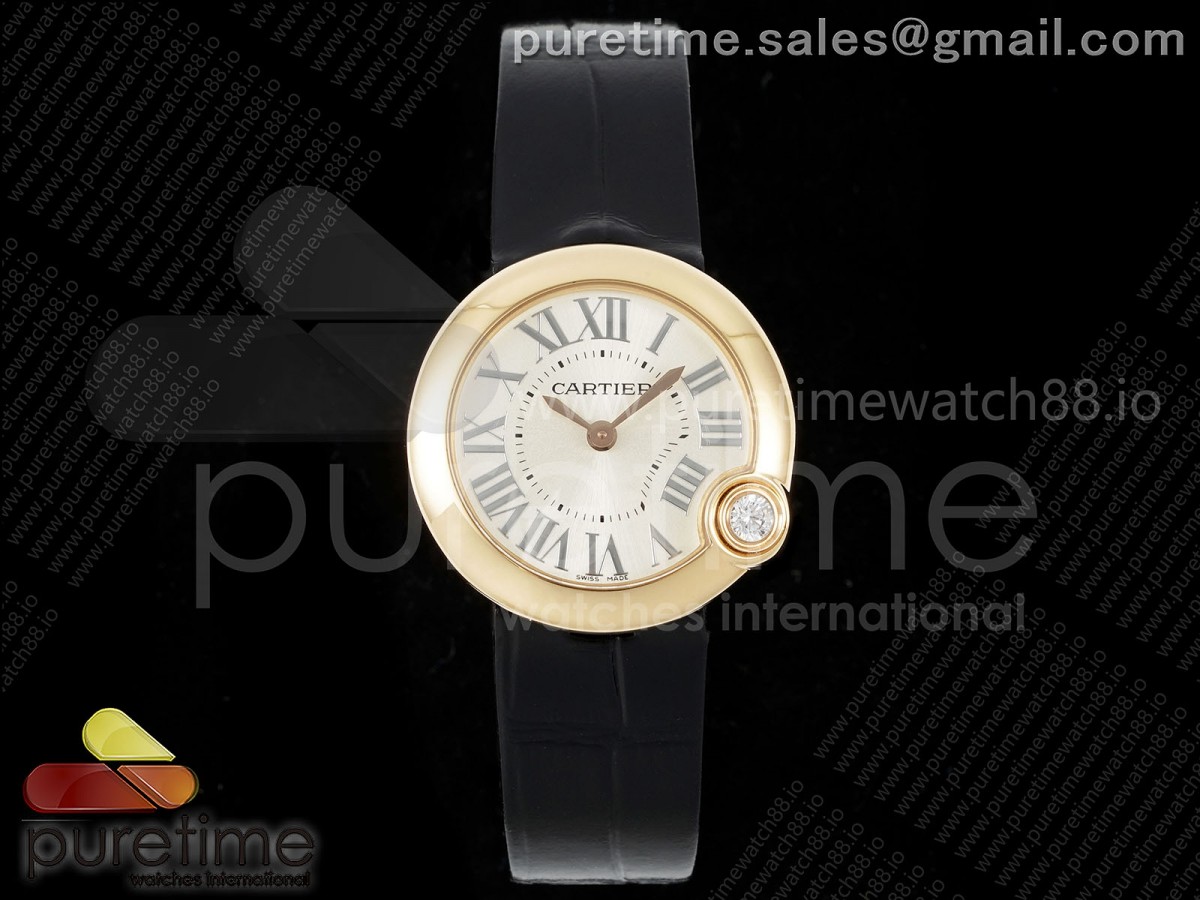 AF 까르띠에 발롱블랑 로즈골드 30미리 실버다이얼 블랙가죽스트랩 Ballon Blanc 30mm RG AF 1:1 Best Edition Silver Dial on Black Fabric Strap Ronda Quartz