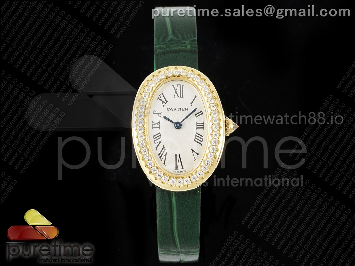 AF 까르띠에 베누아 옐로우골드 다이아베젤 화이트다이얼 그린악어가죽스트랩 Baignoire Watch YG AF 1:1 Best Edition White Dial Diamonds Bezel on Green Croco Strap RONDA Quartz