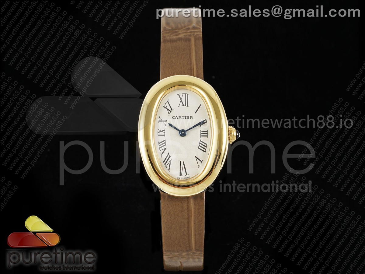 AF 까르띠에 베누아 옐로우골드 화이트다이얼 브라운악어가죽스트랩  Baignoire Watch YG AF 1:1 Best Edition White Dial on Brown Croco Strap RONDA Quartz