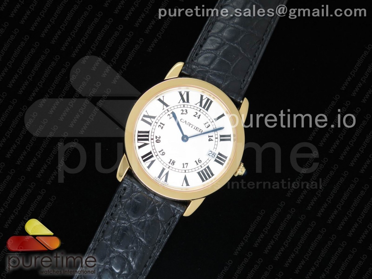 K11F 롱드솔로 미듐 36미리 화이트다이얼 옐로우골드금통 블랙악어가죽스트랩 Ronde Solo De Cartier 36mm YG K11 Maker White Dial on Black Crocodile Strap Ronda Quartz