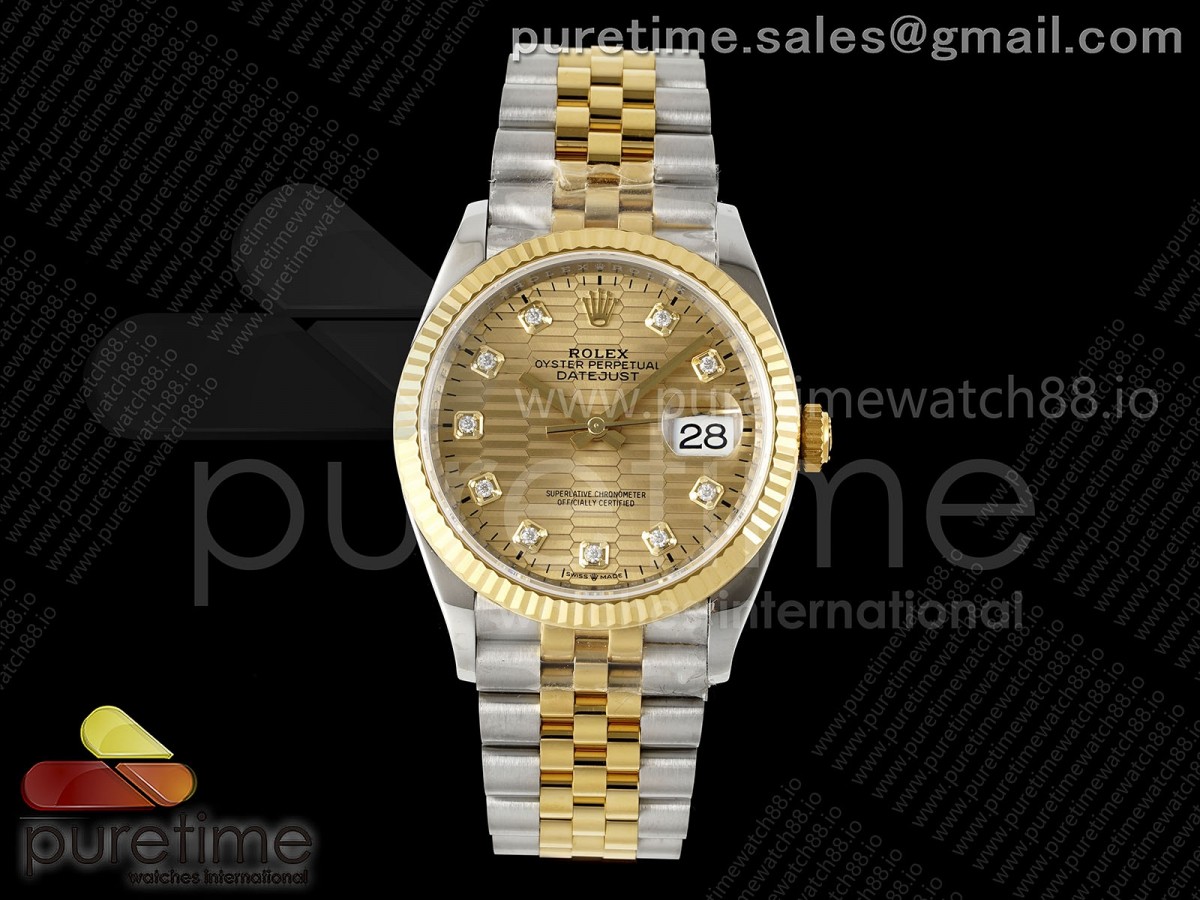 (NEW) VSF 롤렉스 데이저스트36 옐로우골드콤비 골드텍스쳐텐포인트다이얼 스틸브레이슬릿 DateJust 36 SS/YG 126233 VSF 1:1 Best Edition 904L Steel YG Textured Diamonds Dial on Jubilee Bracelet VS3235