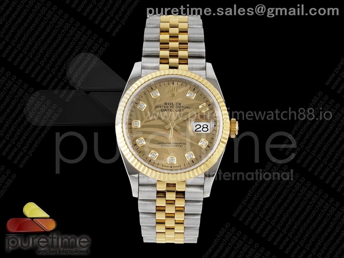 (NEW) VSF 롤렉스 데이저스트36 옐로우골드콤비 골드리브텐포인트다이얼 스틸브레이슬릿 DateJust 36 SS/YG 126233 VSF 1:1 Best Edition 904L Steel YG Leaves Diamonds Dial on Jubilee Bracelet VS3235