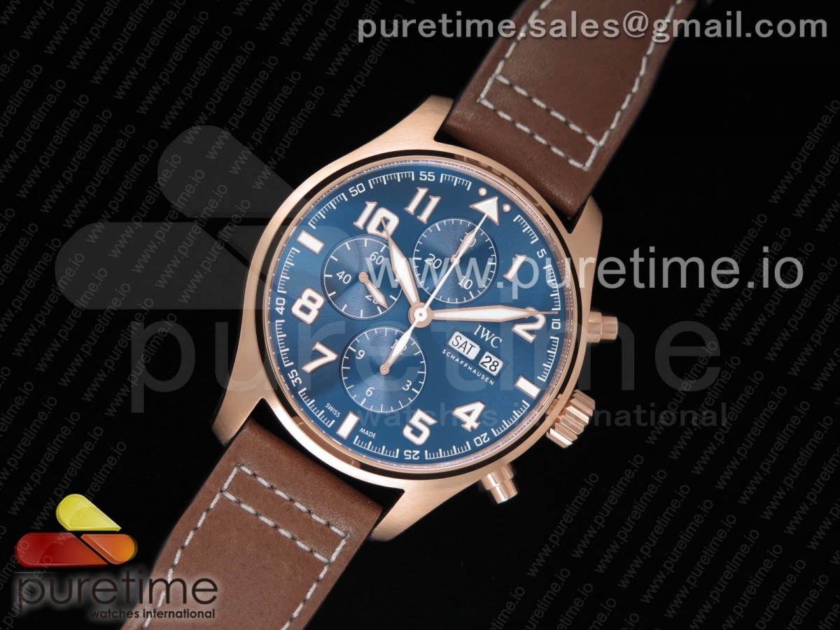 ZF IWC 파일럿 크로노 어린왕자에디션 로즈골드 블루다이얼 브라운가죽스트랩 Pilot Chrono 377721 
