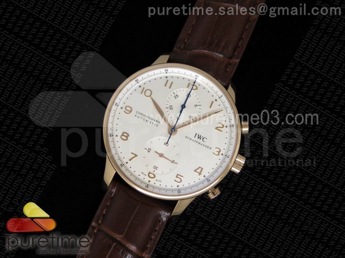 ZF IWC 포르투기저 크로노그래프 로즈골드 화이트다이얼 브라운가죽스트랩 Portuguese Chrono IW371480 ZF 1:1 Best Edition on Brown Leather Strap A7750 (Same Thickness as Genuine)