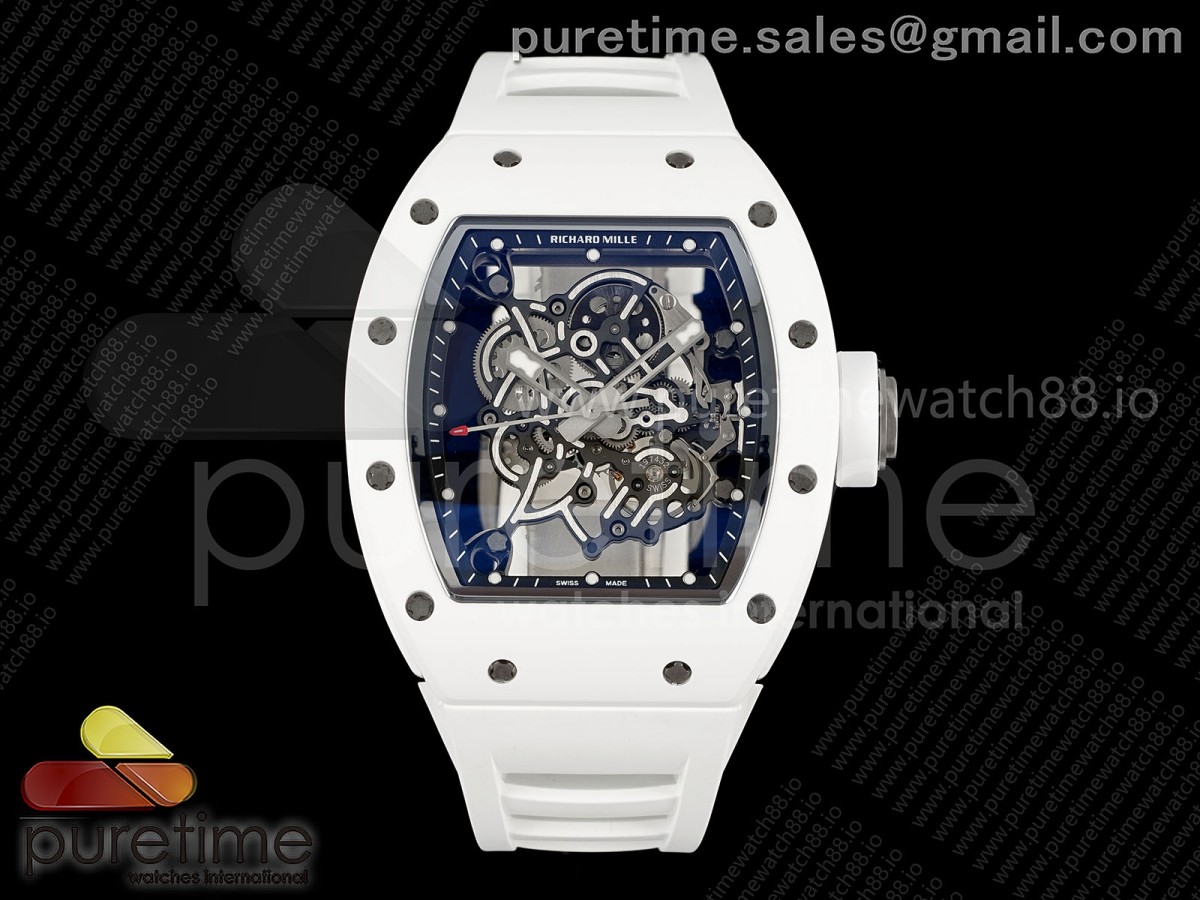 ZF V2 리차드밀 RM055 화이트세라믹 스켈레톤다이얼 화이트러버스트랩 RM055 White Ceramic ZF 1:1 Best Edition on Shark Rubber Strap RMUL2 Super Clone V2