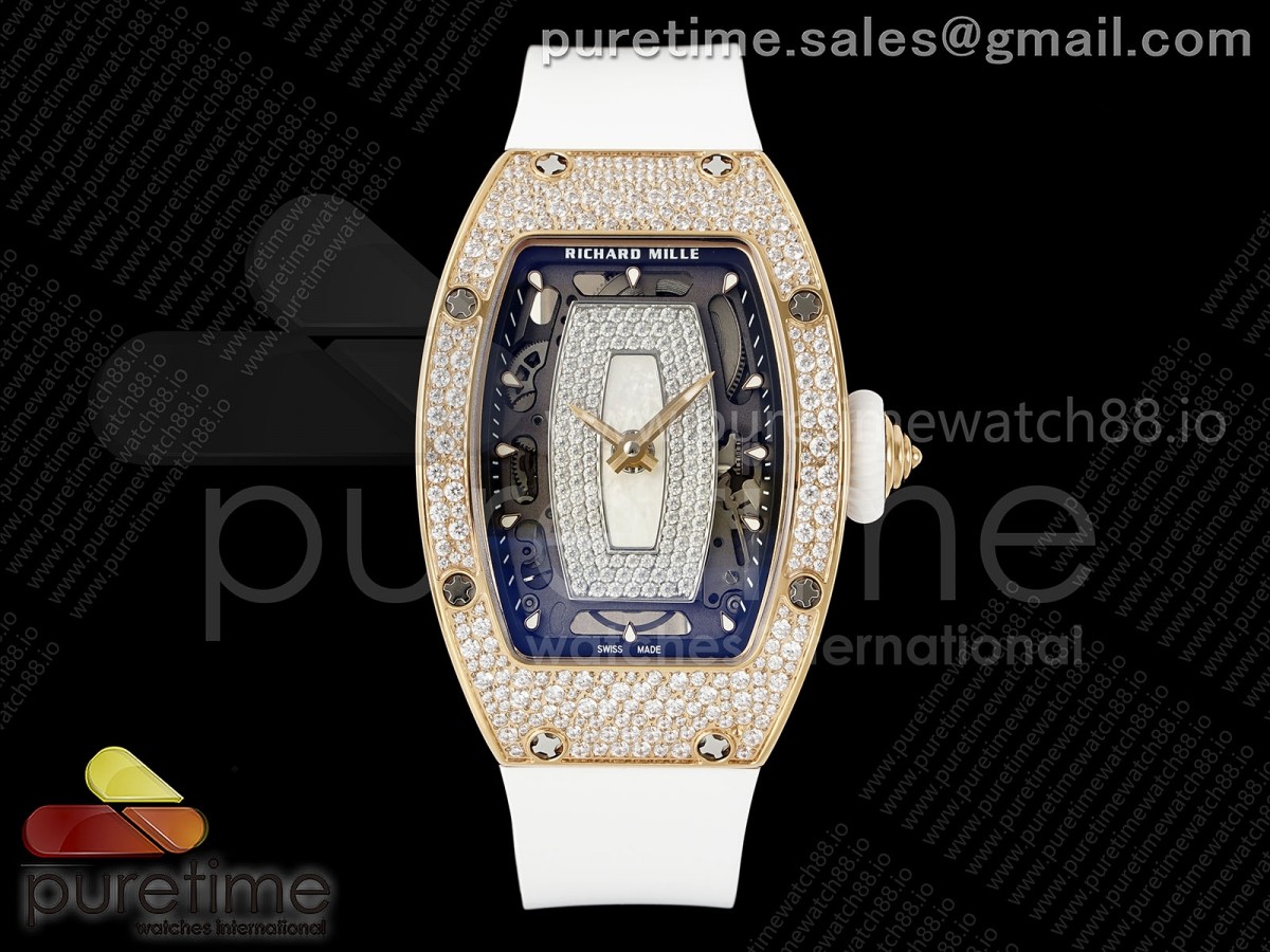 ZF 리차드밀 레이디 RM07 로즈골드 스노우다이아 화이트다이얼 화이트러버스트랩  RM07 Ladies Snow Diamonds RG ZF 1:1 Best Edition White Dial on White Rubber Strap CRMA2 Clone