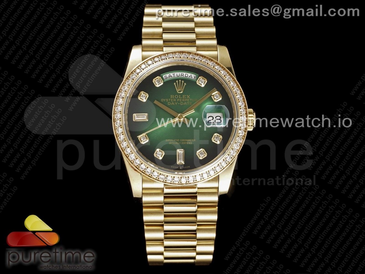 GMF 롤렉스 데이데이트36 옐로우골드 그린다이얼 다이아인덱스 다이아베젤 스틸브레이슬릿 Day Date 36 YG 904L Steel Diamonds Bezel GMF 1:1 Best Edition Green Diamonds Dial on YG Bracelet A2836