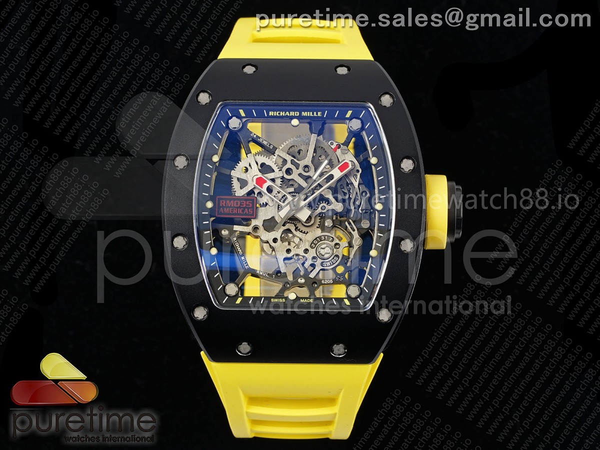 KVF 리차드밀 RM035-02 블랙세라믹 스켈레톤다이얼 옐로우러버스트랩 RM035-02 Black Ceramic KVF 1:1 Best Edition Skeleton Dial on Yellow Rubber Strap Clone RMUL1