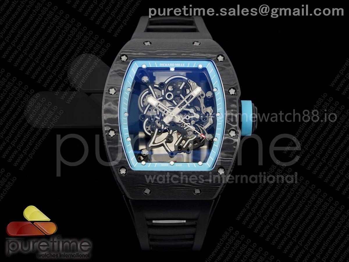 KVF 리차드밀 RM055 NTPT 카본케이스 블루스켈레톤다이얼 블랙러버스트랩 RM055 NTPT KVF 1:1 Best Edition Blue Inner Bezel Black Crown on Black Rubber Strap RMUL2 Super Clone