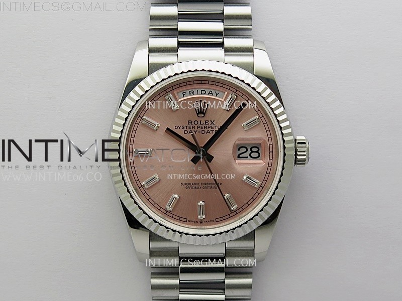 QF 롤렉스 데이데이트36 텅스텐(Cu-W) 핑크바게트다이얼 스틸브레이슬릿 Day Date 128239 Gain Weight SS QF 1:1 Best Edition Pink Dial T-Diamond Markers on SS President Bracelet
