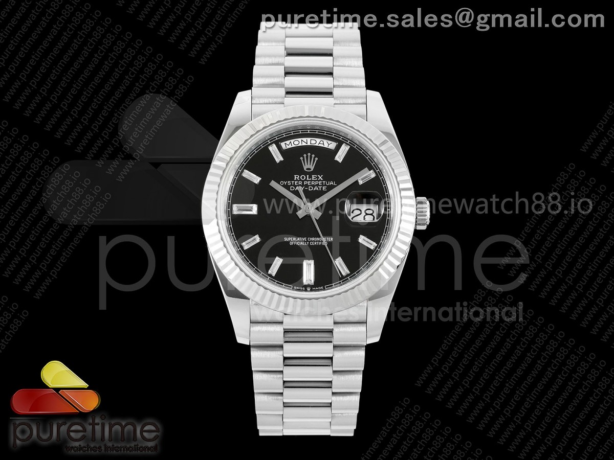QF V6 롤렉스 데이데이트40 텅스텐(Cu-W) 블랙바게트다이얼 스틸브레이슬릿 199g DayDate 40 SS QF 1:1 Best Edition Black Crystal Dial on President Bracelet A2836 V6 (Gain Weight)