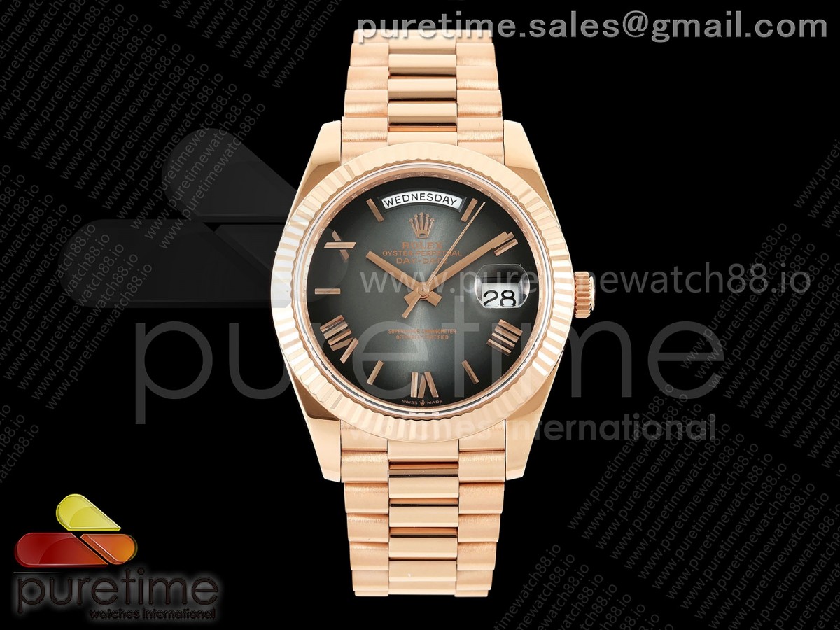 QF V6 롤렉스 데이데이트40 로즈골드 텅스텐(Cu-W) 그레이옴브레다이얼 스틸브레이슬릿 199g DayDate 40 RG QF 1:1 Best Edition Gray Ombre Roman Dial on President Bracelet A2836 V6 (Gain Weight)