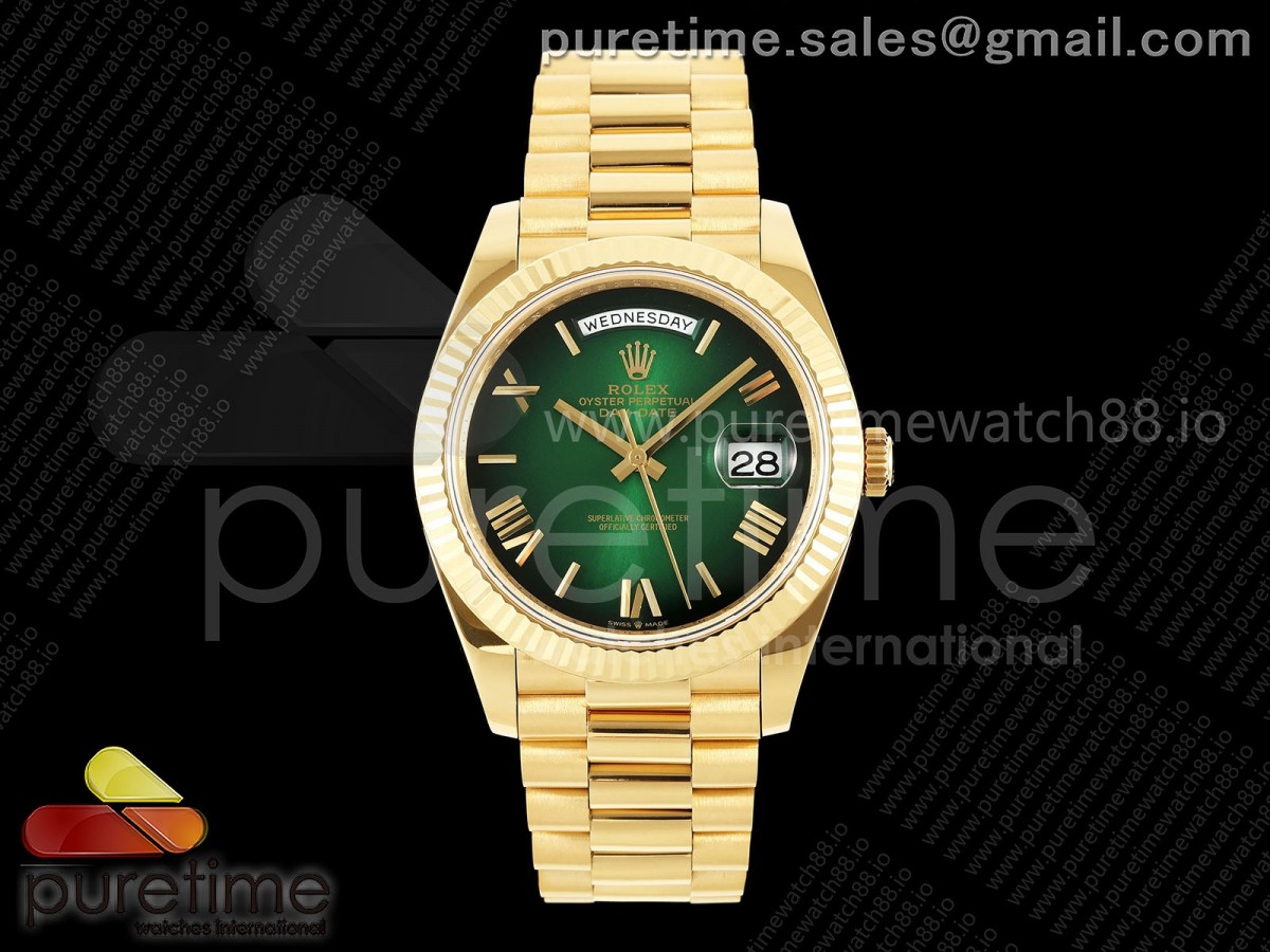 QF V6 롤렉스 데이데이트40 옐로우골드 텅스텐(Cu-W) 그린로만다이얼 스틸브레이슬릿 199g DayDate 40 YG QF 1:1 Best Edition Green Ombre Roman Dial on President Bracelet A2836 V6 (Gain Weight)ght)