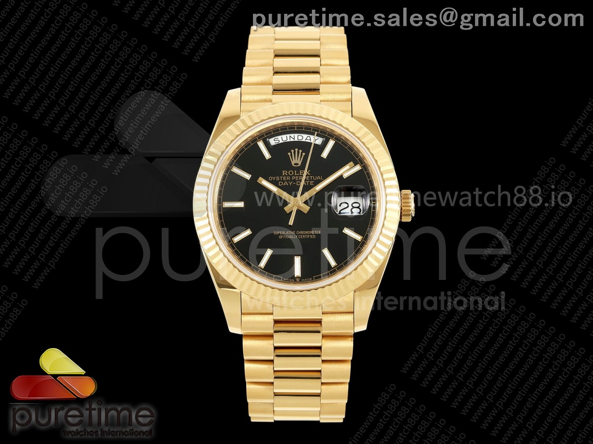 QF V6 롤렉스 데이데이트40 옐로우골드 텅스텐(Cu-W) 블랙다이얼 스틸브레이슬릿 199g  DayDate 40 YG QF 1:1 Best Edition Black Stick Dial on President Bracelet A2836 V6 (Gain Weight)