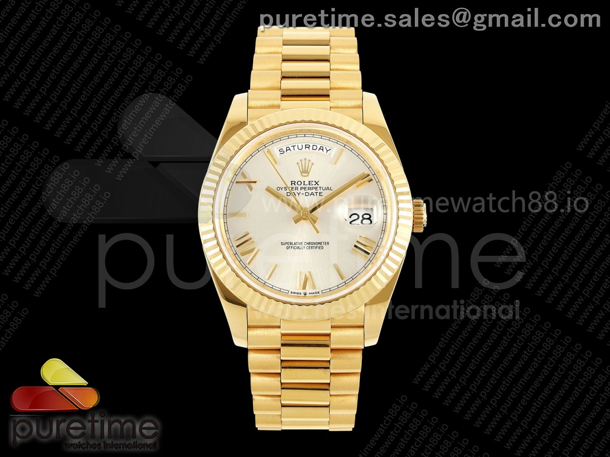 QF V6 롤렉스 데이데이트40 옐로우골드 텅스텐(Cu-W) 실버로만다이얼 스틸브레이슬릿 199g DayDate 40 YG QF 1:1 Best Edition Silver Roman Dial on President Bracelet A2836 V6 (Gain Weight)