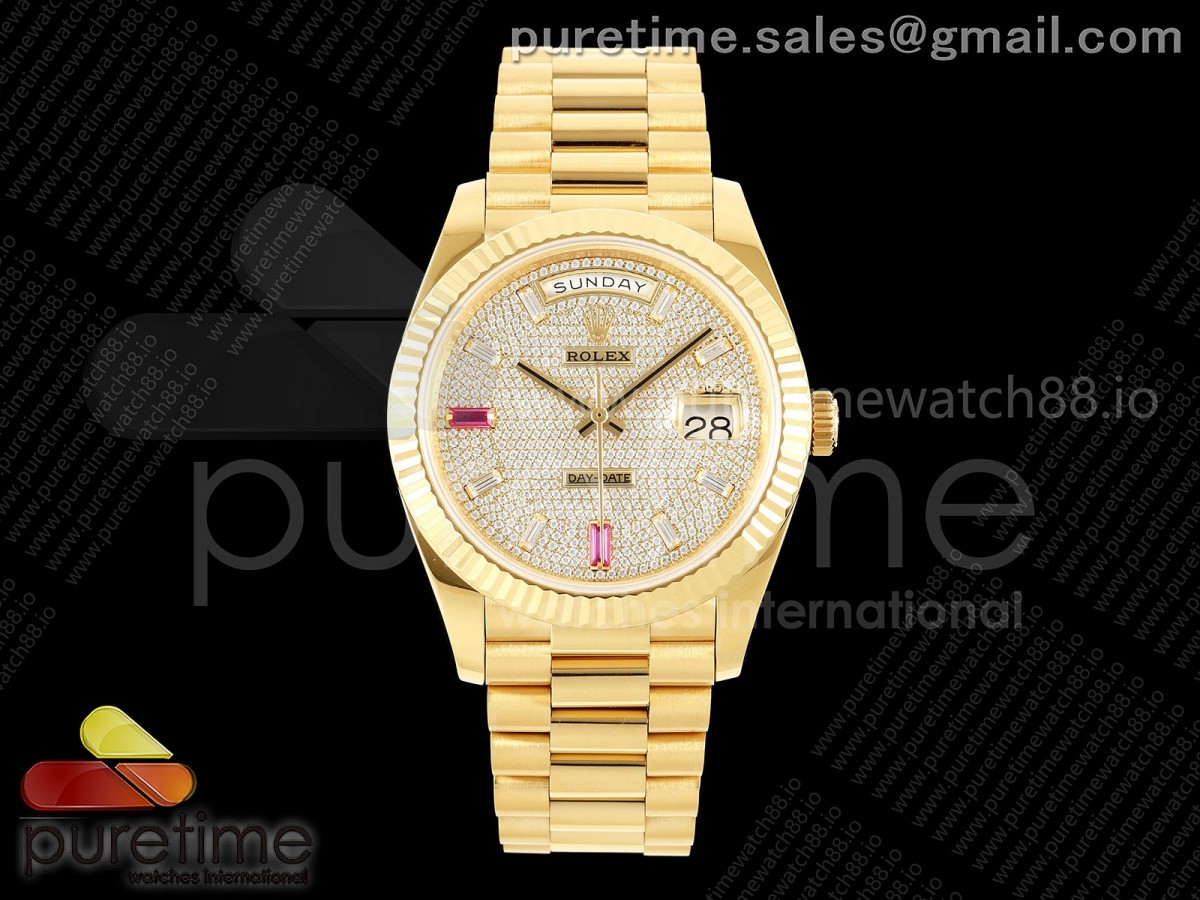 QF V8 롤렉스 데이데이트40 옐로우골드 텅스텐(Cu-W) 다이아몬드다이얼 스틸브레이슬릿 200g DayDate 40 YG QF 1:1 Best Edition Full Diamonds Dial on President Bracelet VR3255 V8 (Gain Weight)