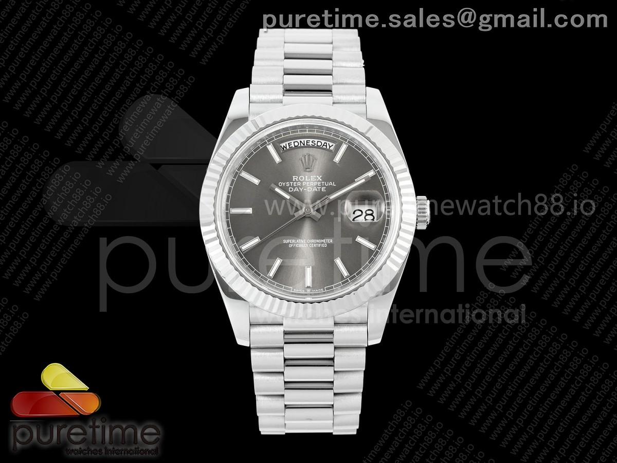 QF V8 롤렉스 데이데이트40 텅스텐(Cu-W) 그레이다이얼 스틸브레이슬릿 190g DayDate 40 SS QF 1:1 Best Edition 904L Steel Gray Stick Dial on President Bracelet VR3255 V8 (Gain Weight)