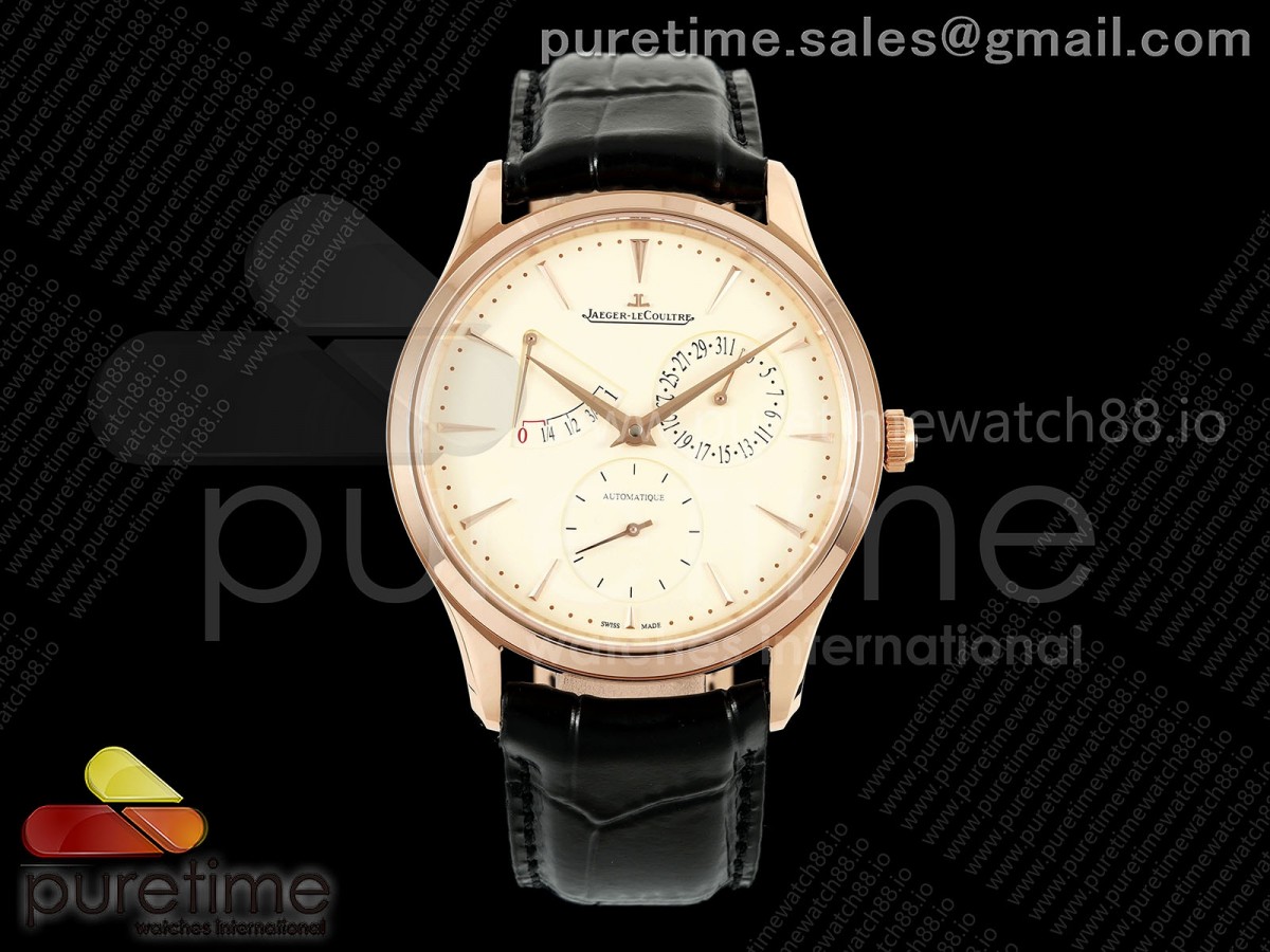 APSF 예거 마스터울트라씬 파워리저브 로즈골드 크림다이얼 블랙가죽스트랩  Master Ultra Thin Power Reserve RG APSF 1:1 Best Edition Cream Dial on Brown Leather Strap DD938 Super Clone $398.00