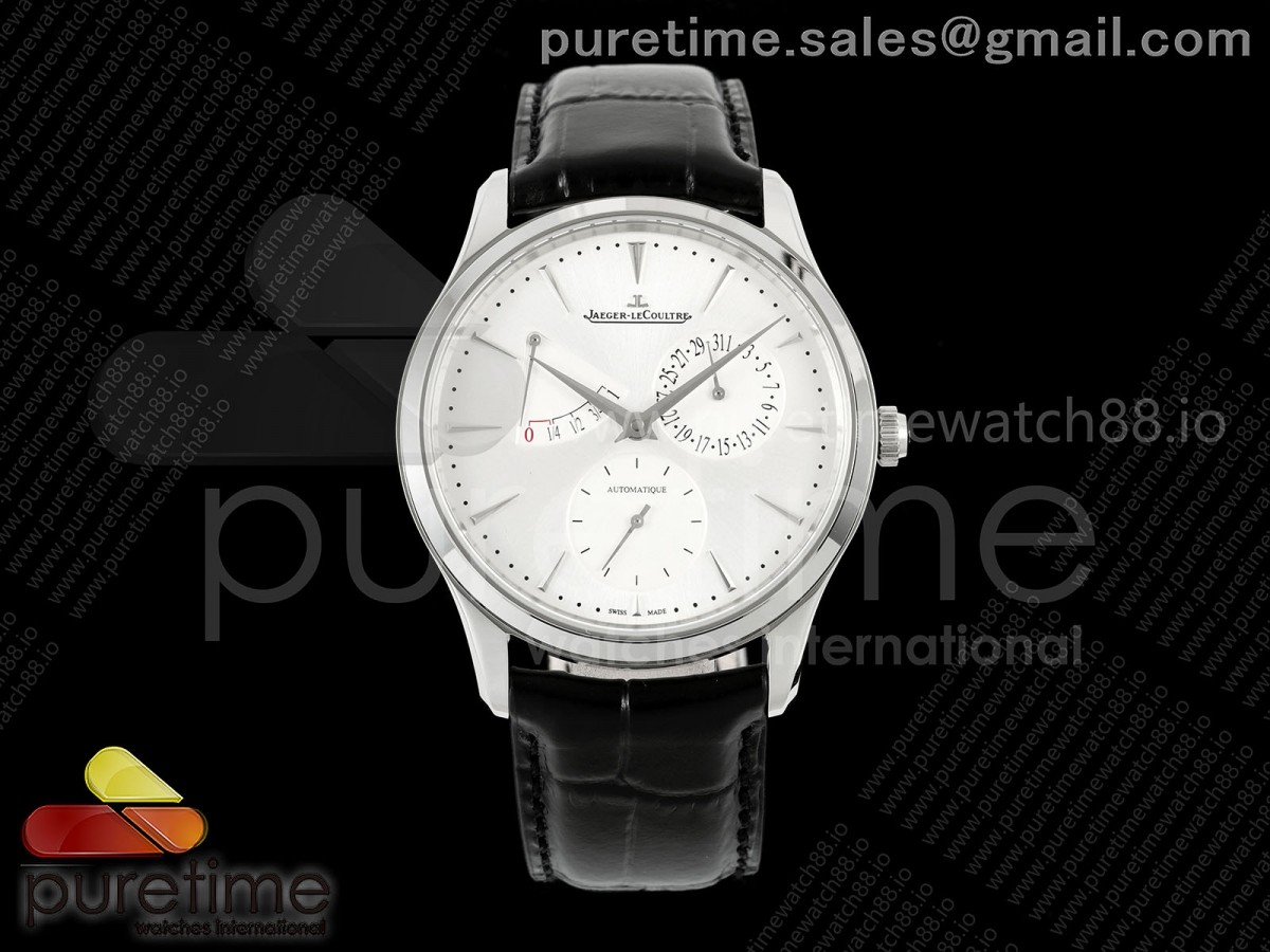 APSF 예거 마스터울트라씬 파워리저브 화이트다이얼 블랙가죽스트랩 Master Ultra Thin Power Reserve SS APSF 1:1 Best Edition Silver Dial on Black Leather Strap DD938 Super Clone