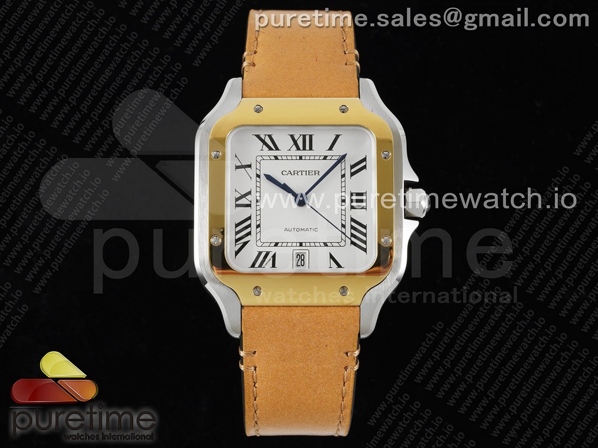 3KF 까르띠에 산토스 라지 옐로우골드콤비 화이트다이얼 브라운가죽스트랩 Santos de Cartier 40mm 3KF 1:1 Best Edition White Dial YG Bezel on Brown Leather Strap MIYOTA 9015