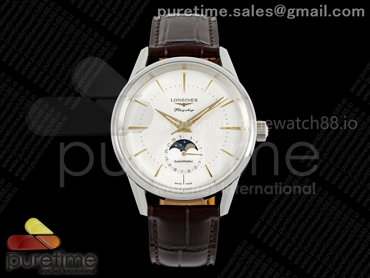 APSF 론진 플래그십 헤리티지 문페이이즈 실버/골드다이얼 브라운가죽스트랩 Flagship Heritage Moonphase SS APSF 1:1 Best Edition Silver/YG Dial on Brown Leather Strap A2892