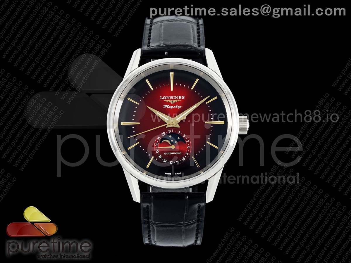 APSF 론진 플래그십 헤리티지 문페이이즈 레드다이얼 블랙가죽스트랩 Flagship Heritage Moonphase SS APSF 1:1 Best Edition Red Dial on Black Leather Strap A2892