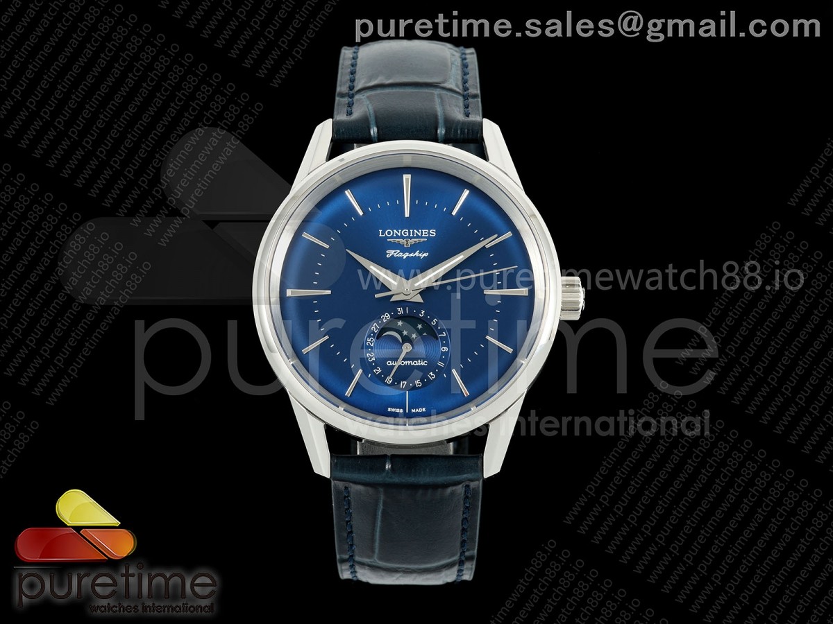 APSF 론진 플래그십 헤리티지 문페이이즈 블루다이얼 블루가죽스트랩 Flagship Heritage Moonphase SS APSF 1:1 Best Edition Blue Dial on Blue Leather Strap A2892