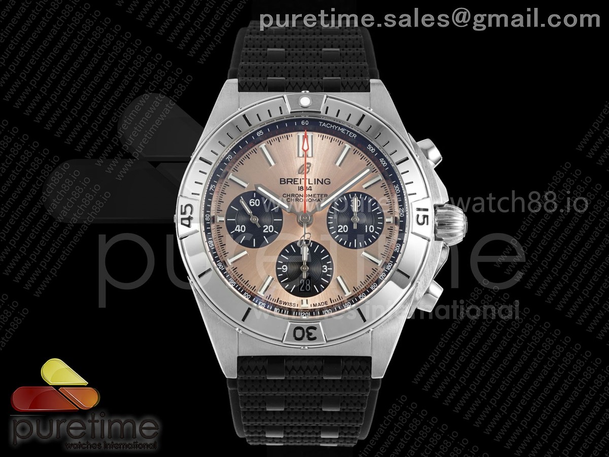 TF V2 브라이틀링 크로노맷B01 42미리 로골다이얼 블랙룰로우스트랩 Chronomat B01 42mm SS TF 1:1 Best Edition RG/Black Dial on Black Rouleaux Strap A7750 V2