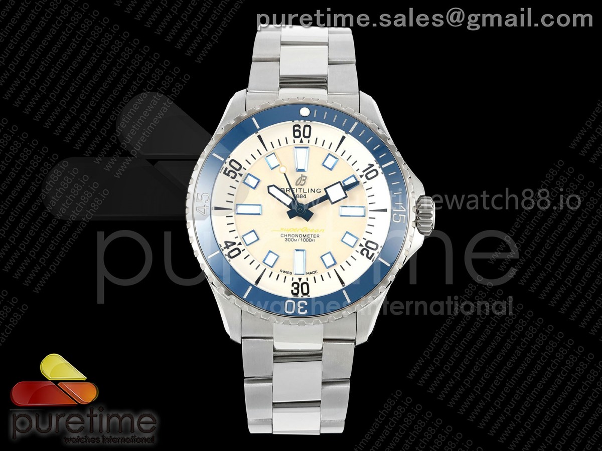 TF 브라이틀링 슈퍼오션 44미리 블루베젤 크림다이얼 스틸브레이슬릿 SuperOcean Automatic 44 SS Blue Bezel TF 1:1 Best Edition Cream Dial on SS Bracelet A2824