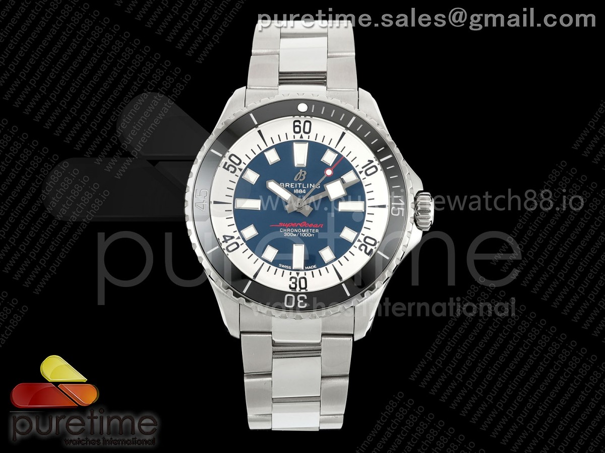 TF 브라이틀링 슈퍼오션 44미리 블랙베젤 블루다이얼 스틸브레이슬릿 SuperOcean Automatic 44 SS Black Bezel TF 1:1 Best Edition Blue Dial on SS Bracelet A2824