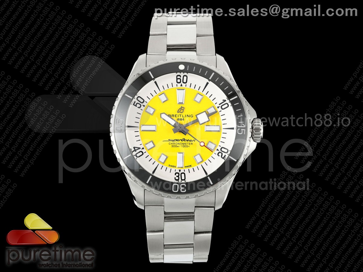 TF 브라이틀링 슈퍼오션 44미리 블랙베젤 옐로다이얼 스틸브레이슬릿  SuperOcean Automatic 44 SS Black Bezel TF 1:1 Best Edition Yellow Dial on SS Bracelet A2824