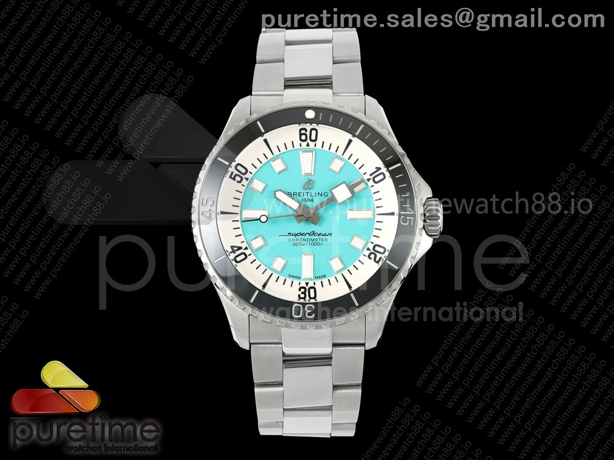 TF 브라이틀링 슈퍼오션 44미리 블랙베젤 티파니블루다이얼 스틸브레이슬릿  SuperOcean Automatic 44 SS Black Bezel TF 1:1 Best Edition Tiffany Blue Dial on SS Bracelet A2824