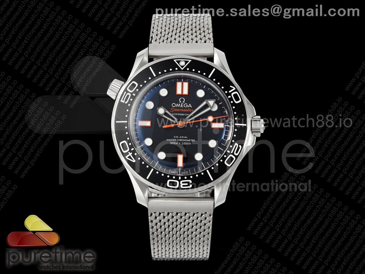 ORF 오메가 씨마스터 300M 다이버 블랙/오렌지다이얼 메쉬브레이슬릿 Seamaster 300M Diver SS ORF 1:1 Best Edition Black/Orange Dial on SS Mesh Bracelet OR8806 Super Clone