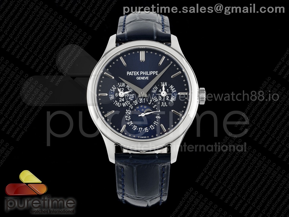 3KF 파텍필립 퍼페츄얼캘린더 5140 블루다이얼 블랙가죽스트랩 Perpetual Calendar 5140 SS 3KF Best Edition Blue Dial on Blue Leather Strap A240