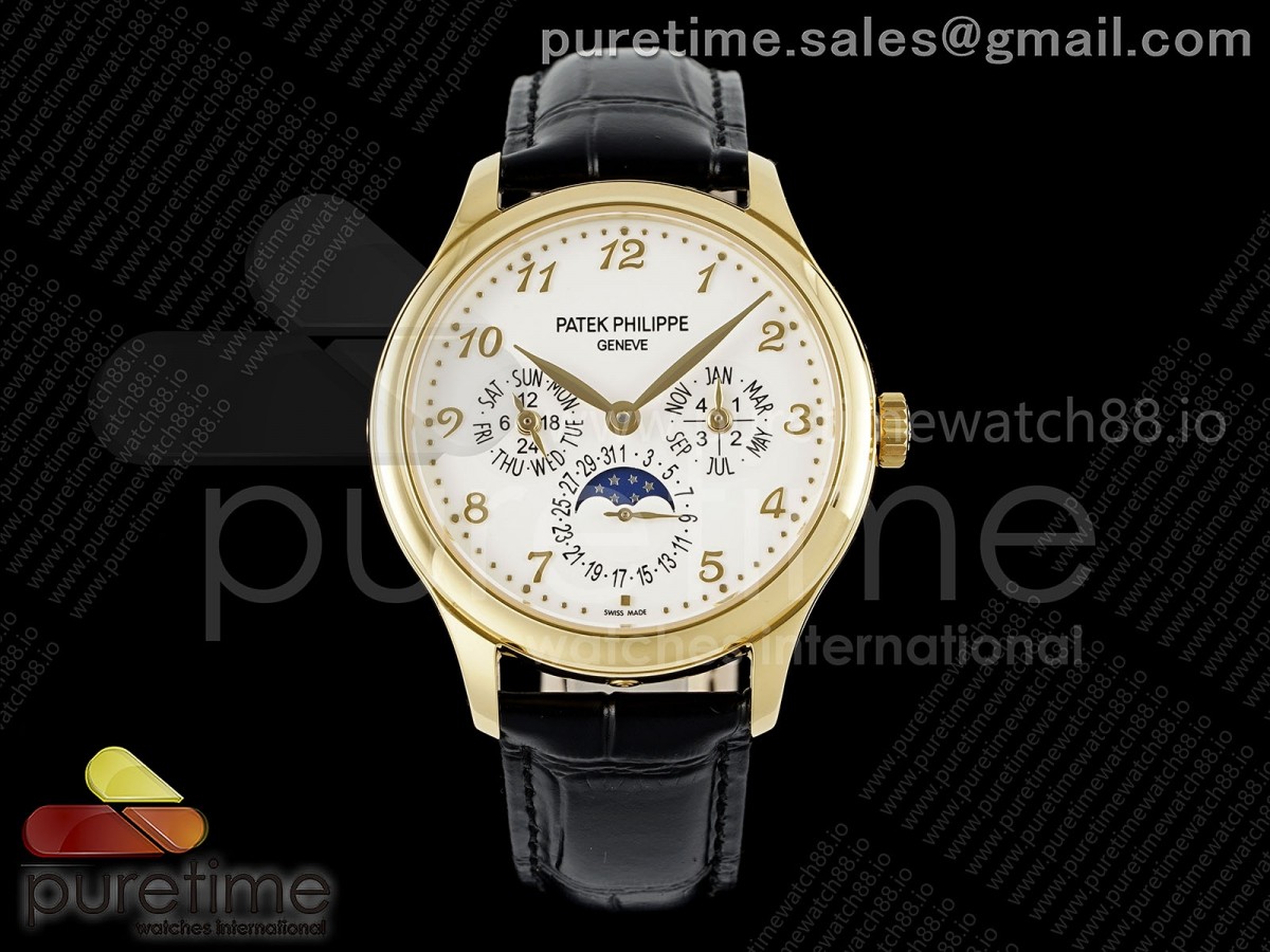 3KF 파텍필립 퍼페츄얼캘린더 5140 옐로우골드 화이트아라빅다이얼 블랙가죽스트랩  Perpetual Calendar 5140 YG 3KF Best Edition White Numeral Dial on Black Leather Strap A240