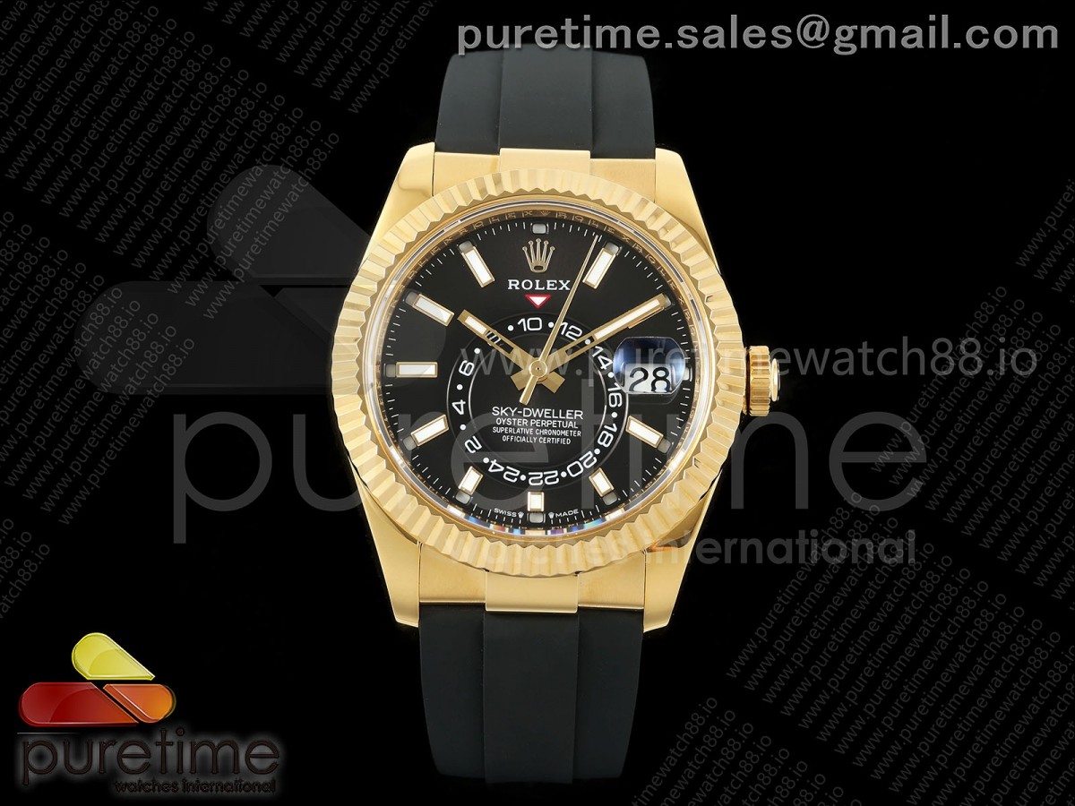 ZF 롤렉스 스카이드웰러 텅스텐(Cu-W) 옐로우골드 블랙다이얼 블랙러버스트랩 Sky-Dweller 336238 YG ZF 1:1 Best Edition Black Dial on Oysterflex Strap A23J (Gain Weight)