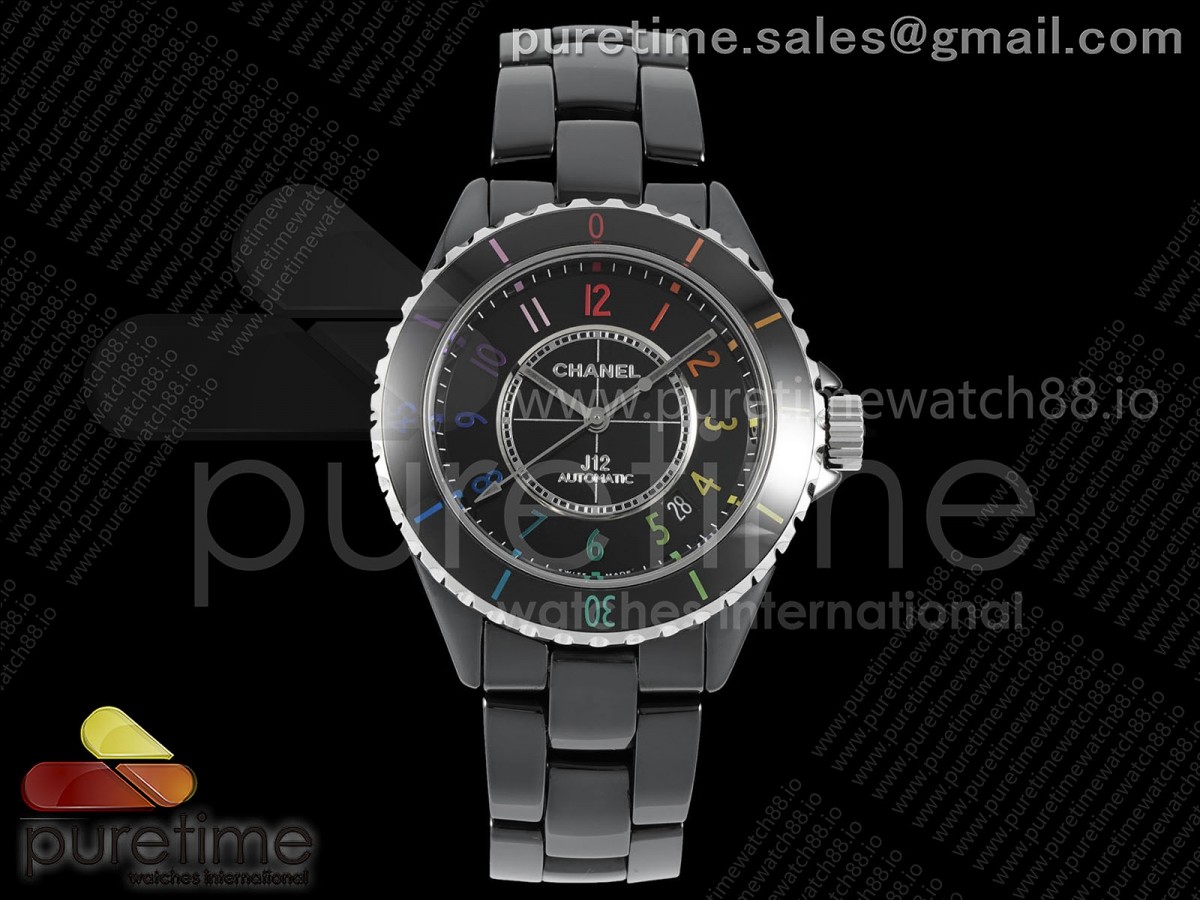 HTF 샤넬 J12 블랙세라믹 38미리 블랙레인보우다이얼 세라믹브레이슬릿 J13 38mm HTF 1:1 Best Edition Black Korea Ceramic Black Rainbow Dial on Bracelet A12.2