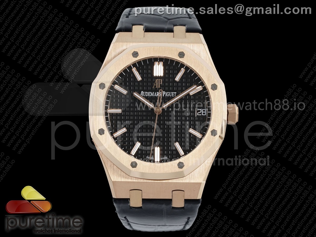 APSF V2 오데마피게 로얄오크 15500 로즈골드 블랙다이얼 블랙가죽스트랩 Royal Oak 15500 RG APSF 1:1 Best Edition Black Dial on Black Leather Strap SA4302 Super Clone V2 (SW Dial)